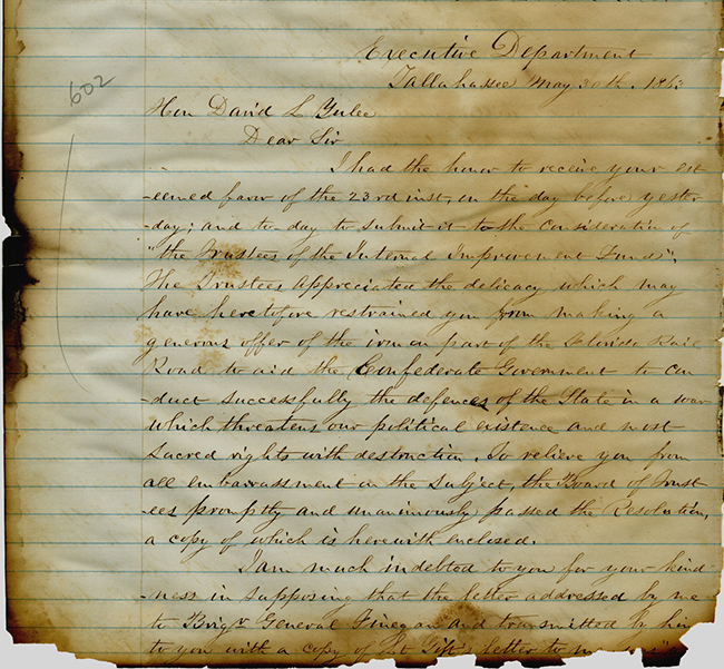 Governor John Milton to David Yulee, May 20, 1863