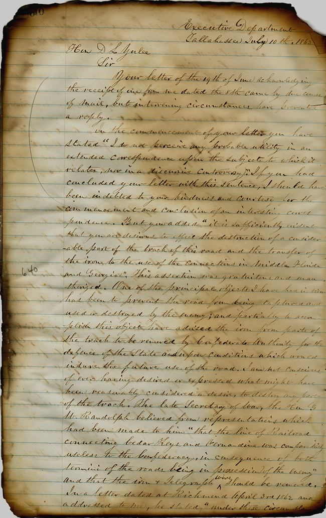 Governor John Milton to David Yulee, July 10, 1863