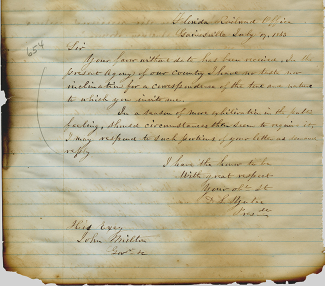 David Yulee to Governor John Milton, July 17, 1863