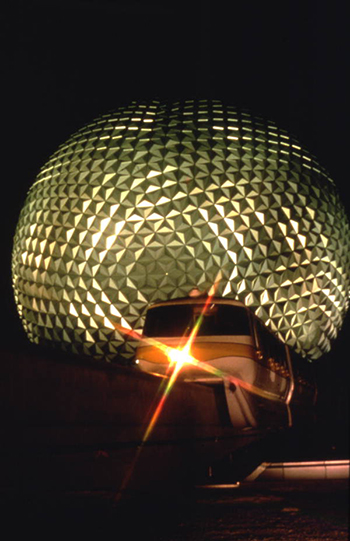 Nighttime view of the Spaceship Earth geosphere and monorail at the Walt Disney World Resort's EPCOT Center in Orlando, Florida