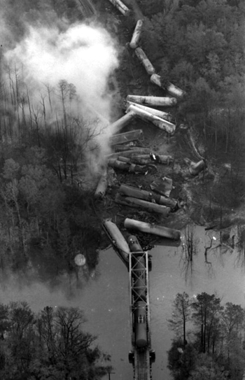 Aerial view showing train derailment in Crestview, Florida (ca. 1979)