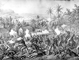 Scene from the Battle of Quasimas showing the 9th and 10th Cavalries in support of Rough Riders