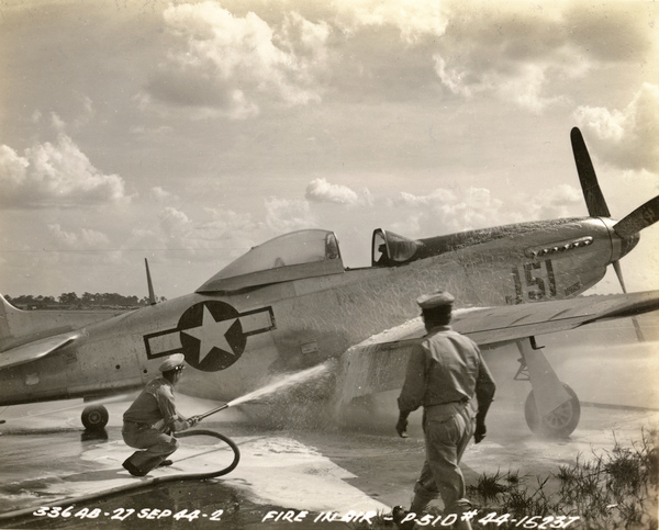 P-51 Mustang on fire after sabotaged fuel pump ignited