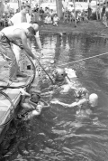 Diver entering water during filming of "Revenge of the Creature" movie at Silver Springs.