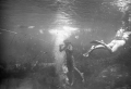 Ricou Browning breathing through air hose during filming of "Revenge of the Creature" movie at Silver Springs.