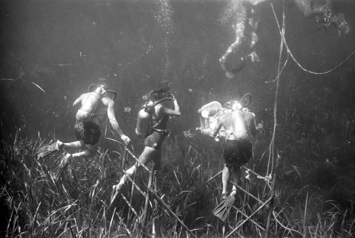 Underwater film crew on set of "Revenge of the Creature" at Silver Springs.