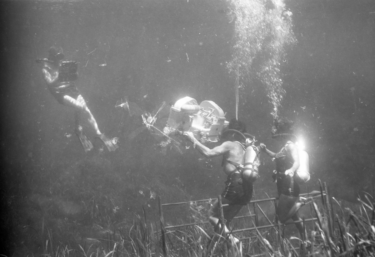 Underwater film crew on set of "Revenge of the Creature" at Silver Springs.