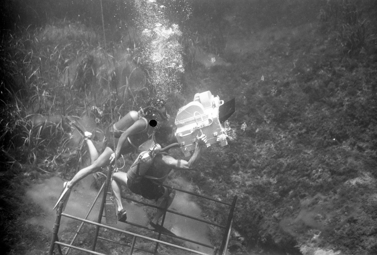 Underwater film crew on set of "Revenge of the Creature" at Silver Springs.