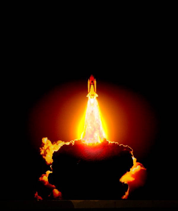 Nighttime view of a Space shuttle launch from the Kennedy Space Center - Merritt Island, Florida.
