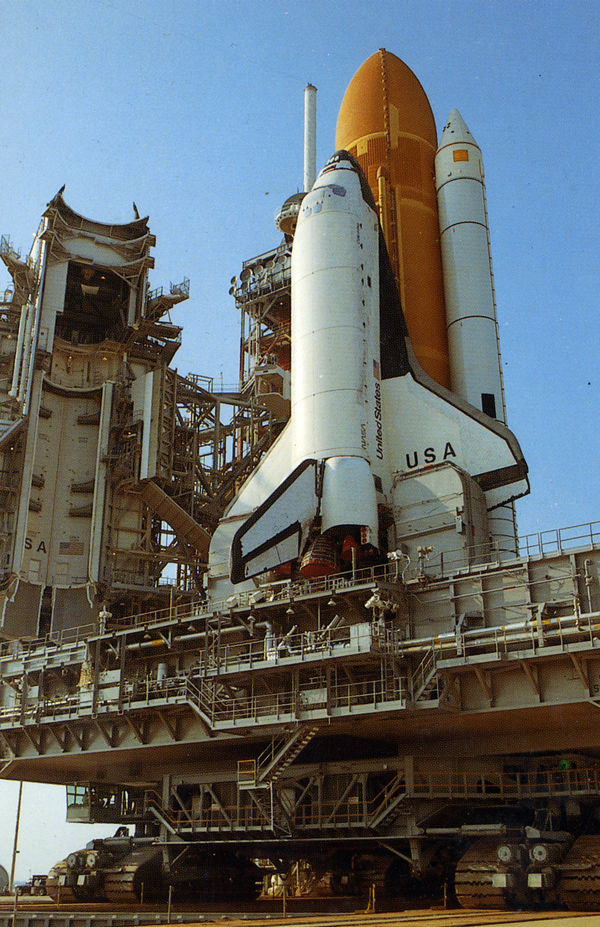 Close-up view of Space Shuttle Columbia on Launch Pad 39A at the Kennedy Space Center.