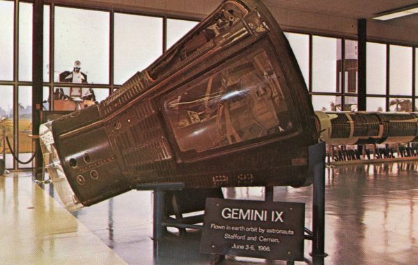 Gemini 9 spacecraft on display in the visitors' information center at the Kennedy Space Center.