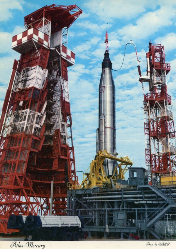 Atlas-Mercury vehicle being readied for launch at the Kennedy Space Center.