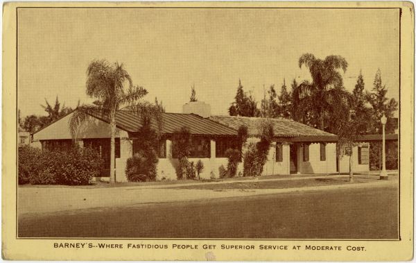 Postcard showing a photograph of Barney's Tavern, a popular restaurant in Lake Wales (ca. 1950).
