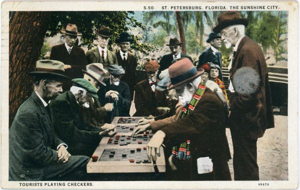 Tourists playing checkers in St. Petersburg.