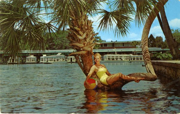 Betty Frazee posing on the lucky horseshoe palm tree at Silver Springs.