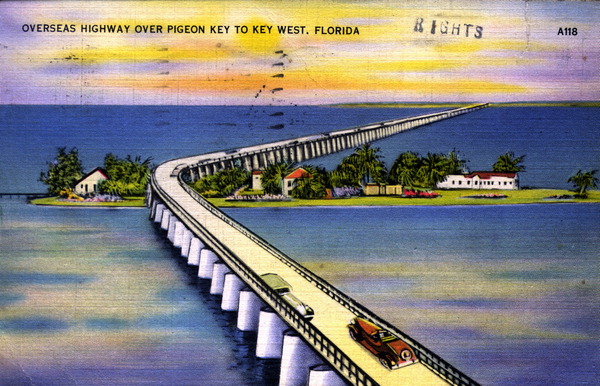 Postcard depicting Pigeon Key, with the original Overseas Highway running across it. The postmark on the reverse side of the card was from 1940.