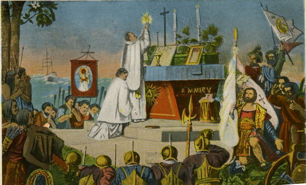 Depiction of the first mass celebrated in St. Augustine on September 8, 1565. This painting, dated 1919, is an exact copy of the version that hung on the wall of the St. Augustine Cathedral for many years before the building burned in 1887.