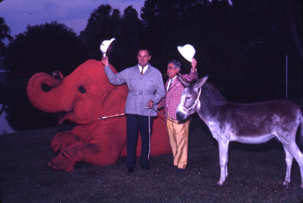 Dick Pope (right) with Governor Claude Kirk (left) at Cypress Gardens. Pope served on a number of commissions to promote Florida tourism during his career (photo 1967).