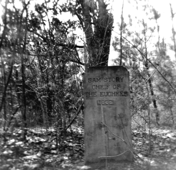 Gravestone for Euchee chief Sam Story, reported to be located at the confluence of the Choctawhatchee River and Bruce Creek (1956).