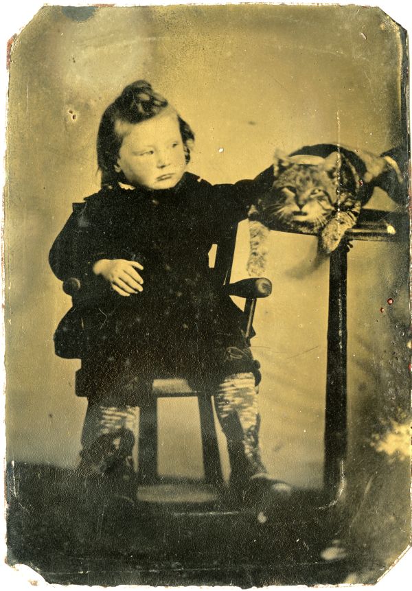 Child petting a cat, ca. 1900