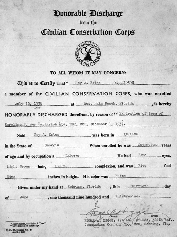 Photograph of Roy A. Estes' C.C.C. discharge certificate : Sebring, Florida (1939)