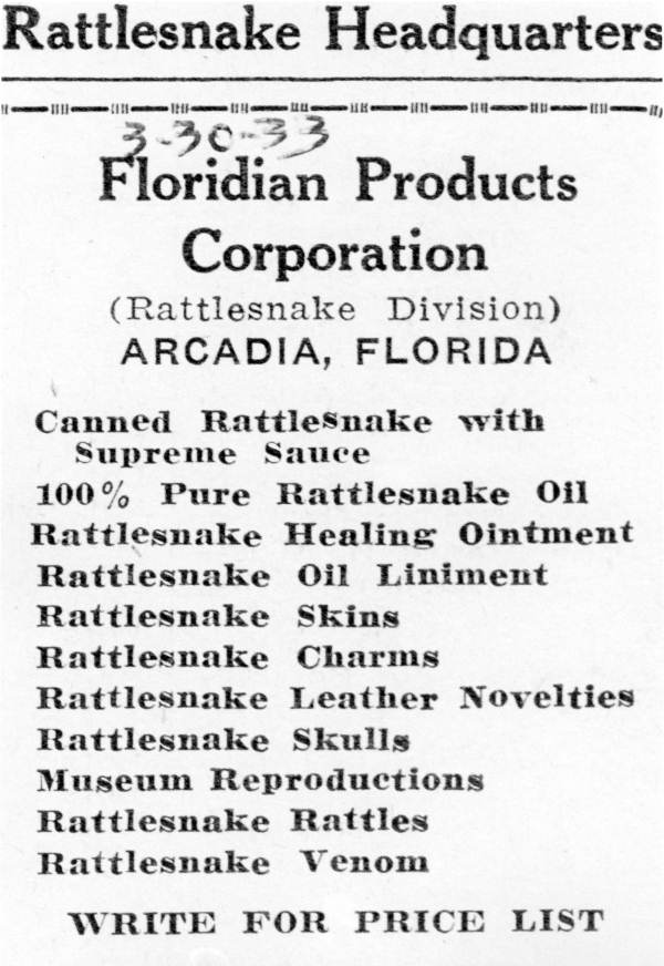 An advertisement for the Floridian Products Corporation, showing a list of prices for its various products (1933).