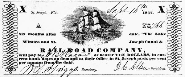 Promissory note from the Lake Wimico and St. Joseph Canal & Railroad Company for ten dollars (1837).