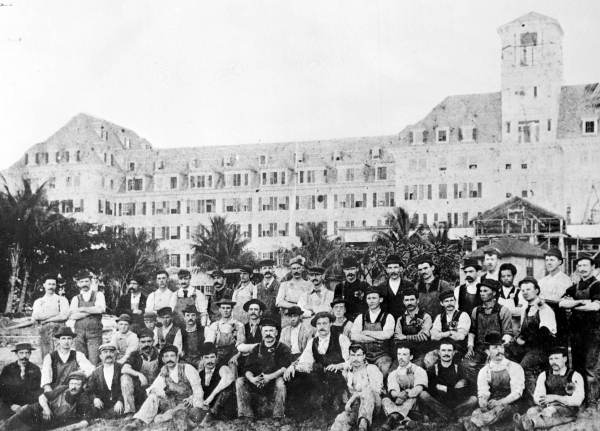 Plumbers and mechanics at the Royal Poinciana Hotel before it opened (1893).