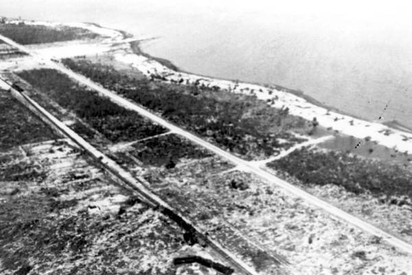 Aerial view of hurricane wrecked train