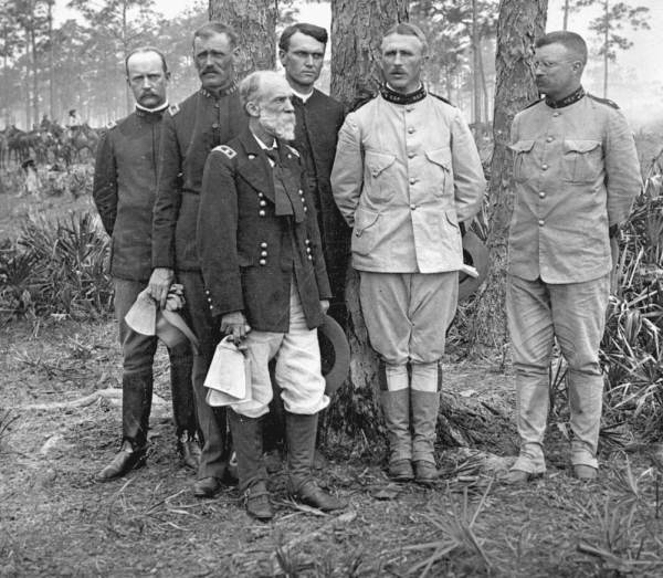 Group portrait of Theodore Roosevelt and other high ranking officials of the 1st U.S. Volunteer Cavalry Regiment - Tampa, Florida.