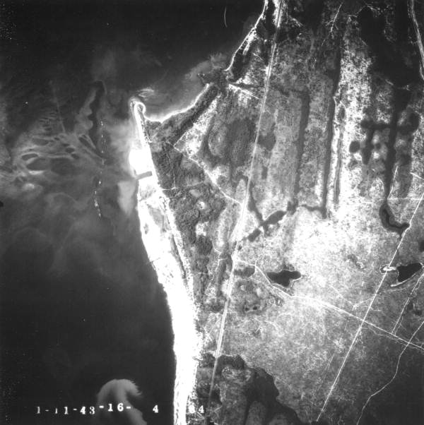 An aerial view of Camp Gordon Johnston, with the Gulf of Mexico on the south (left). Photo 1943.