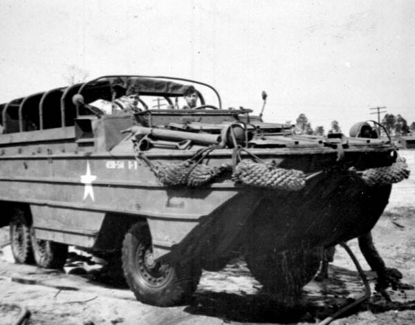 A GM manufactured amphibious vehicle called a DUKW, located at Camp Gordon Johnston. DUKW was a code describing the specifications of the vehicle. 