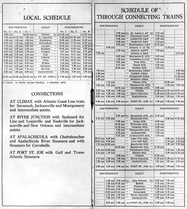 Apalachicola Northern Railroad company timetable