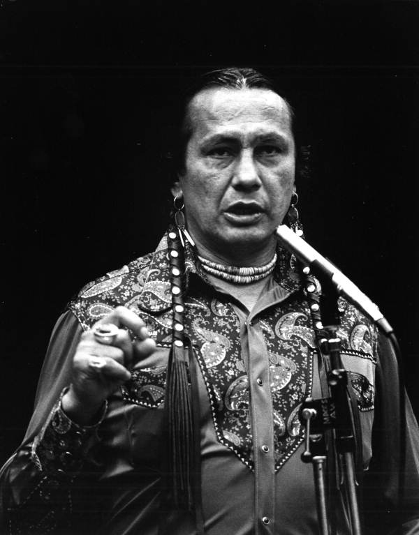 Actor and political activist Lakota Indian Russell Means speaking at the Miami-Dade Community College south campus - Kendall, Florida