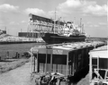 A Japanese cargo ship loading phosphates at the A.C.L. elevator of the Seddon Island dock - Port Tampa, Florida.