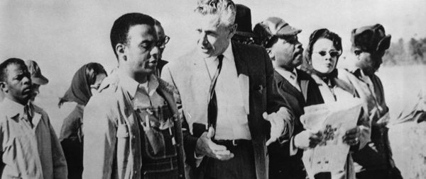 Photograph of LeRoy Collins talking with civil rights marchers (L-R) John Lewis, Andrew Young, Dr. Rev. Martin Luther King, Jr., Coretta Scott King and Ralph Abernathy at Selma in March 1965. 