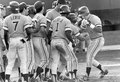 Florida State University baseball slugger being congratulated at the plate - Tallahassee, Florida.