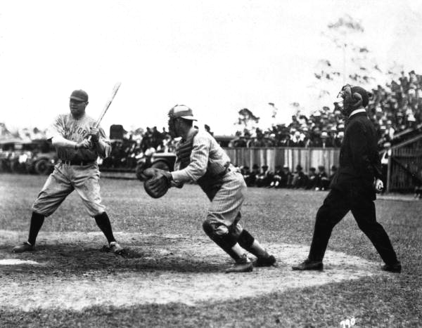 Babe Ruth at bat in a spring training exhibition game in Miami (1920).