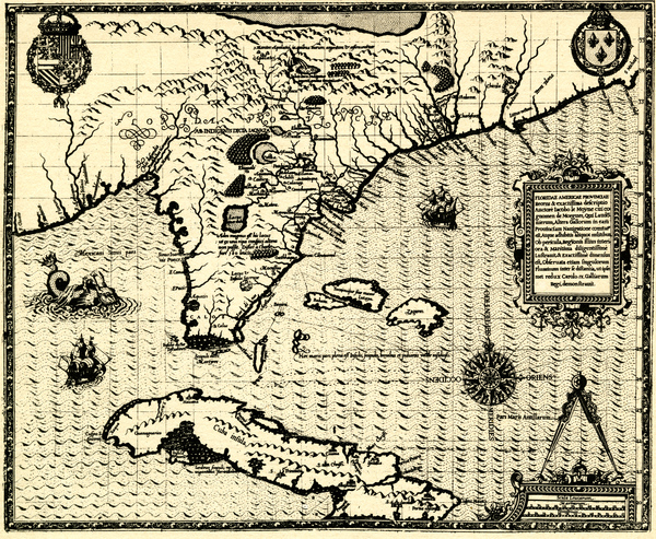 "Floridae Americae Provinciae Recens & Exactissima," attributed to Jacques Le Moyne de Morgues (1591)