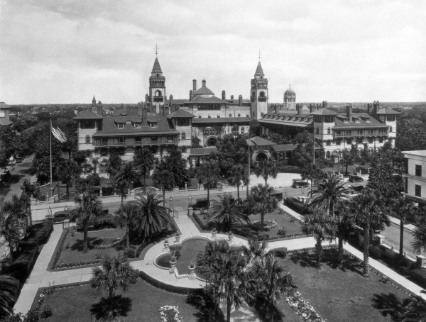 Ponce de Leon Hotel as seen from the nearby Alcazar Hotel in St. Augustine (circa 1910s).