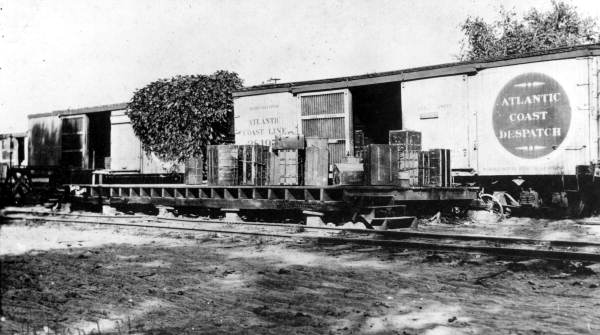 Atlantic Coast Line Railroad baggage cars at siding - De Land, Florida