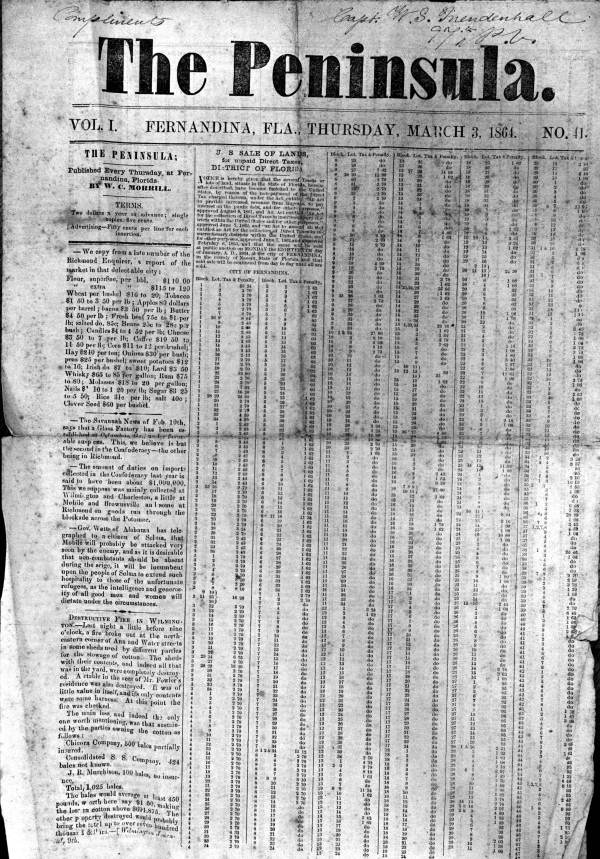 Front page of The Peninsula newspaper, dated March 3, 1864 : Fernandina, Florida