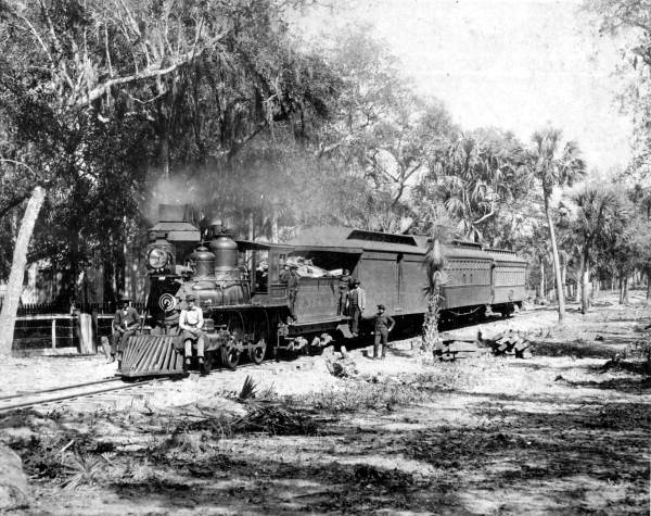 Arrival of first passenger train pulled by engine #3 "Bulow" - Daytona Beach, Florida