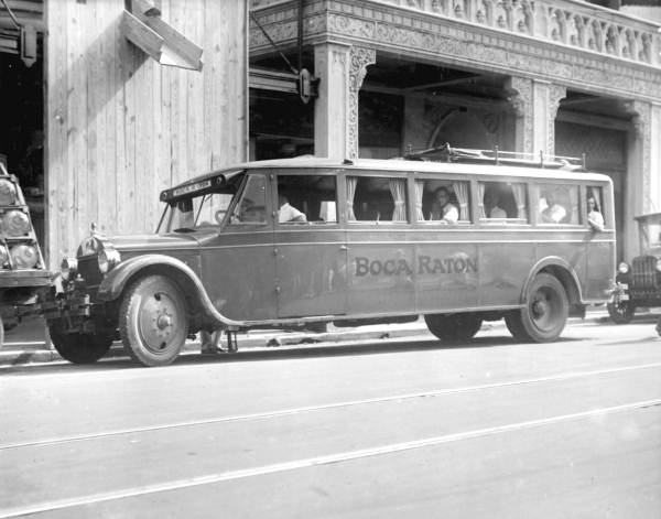Mizner Development Corporation bus in Miami. These buses were used to tour prospective buyers around the Boca Raton development and sell them on buying a lot (1925).