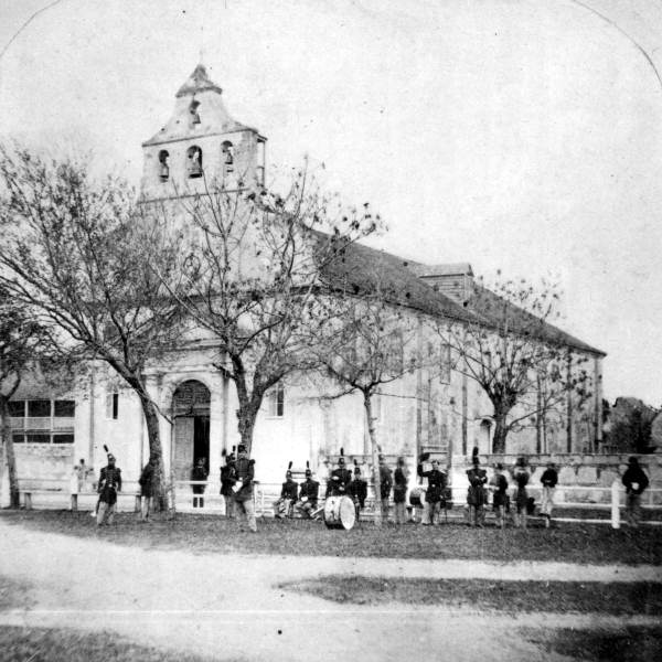 A military band gathered outside the St. Augustine Cathedral during the Civil War (circa 1861-1865).