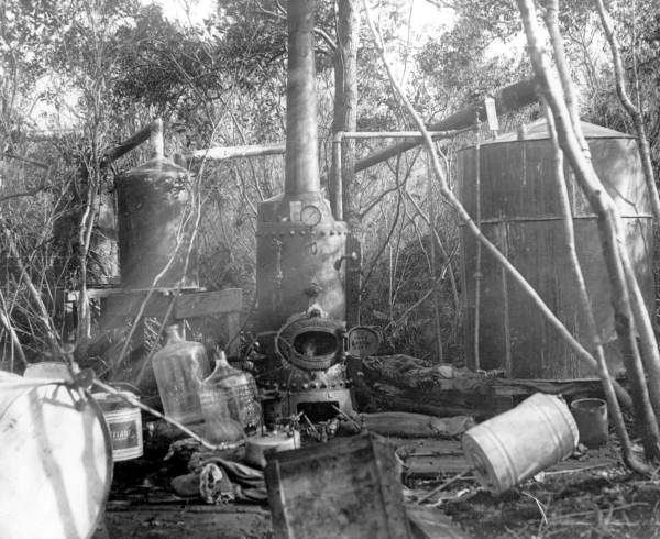 Moonshine stills like this one from Miami could produce a lot of smoke depending on what was used to fuel the fire. Some believed this explained the mysterious Wakulla Swamp Volcano (photo 1925).