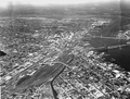 Aerial view of Jacksonville showing the rail yards of Union Station and docks along the Saint Johns River.