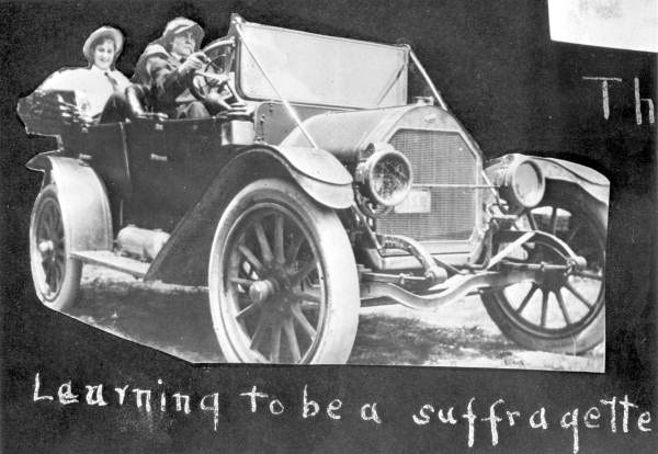 Photo poking fun at suffragettes by depicting women smoking and driving an automobile (1914).