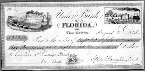 A check from Union Bank president John Grattan Gamble to the Phenix Bank of New York, dated August 2, 1836. Not longer after this, the bank's credit would drastically drop and its checks and currency would be widely rejected.