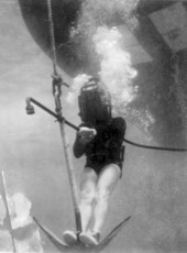 Treasure hunter Art McKee riding the Jolly Roger anchor down to the site of "El Capitana" wreck - Florida Keys, Florida.